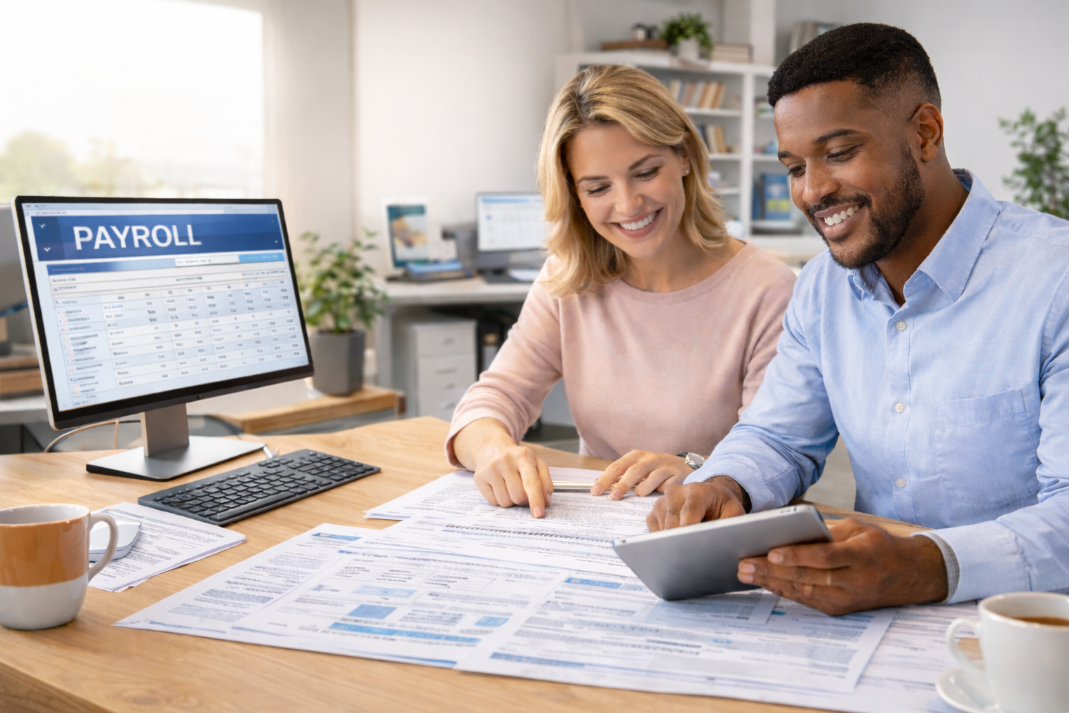 Payroll processing on laptop