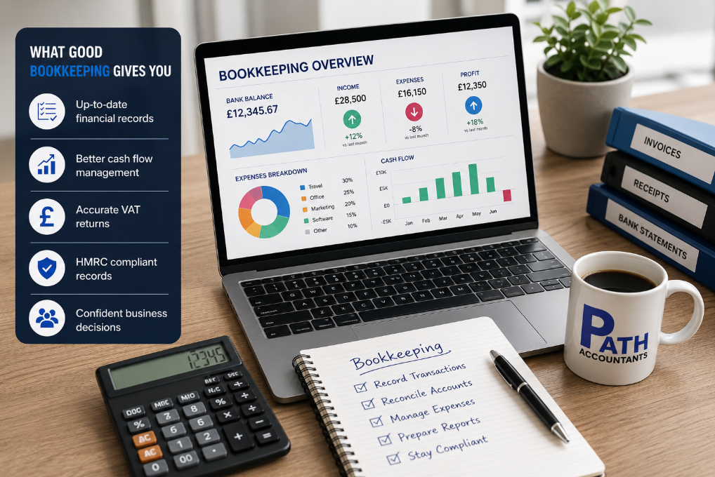 Bookkeeping dashboard showing income, expenses, cash flow, VAT records and HMRC-compliant accounts for a UK small business