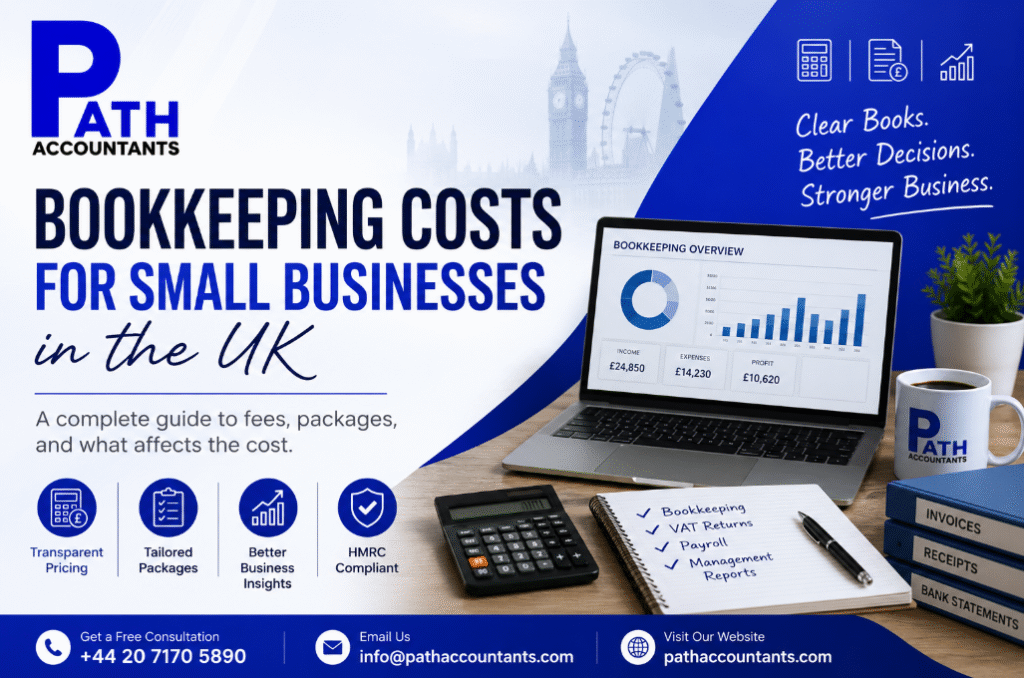 Bookkeeping costs for small businesses in the UK with Path Accountants branding, financial dashboard, calculator, invoices and VAT records
