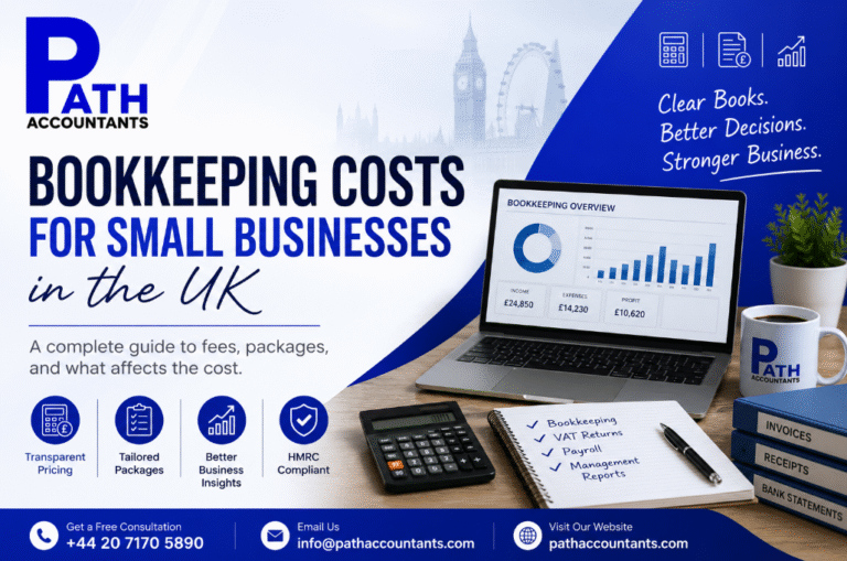 Bookkeeping costs for small businesses in the UK with Path Accountants branding, financial dashboard, calculator, invoices and VAT records