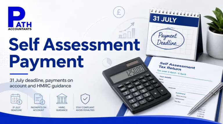 Self Assessment payment guide showing the 31 July HMRC deadline, tax return documents and calculator