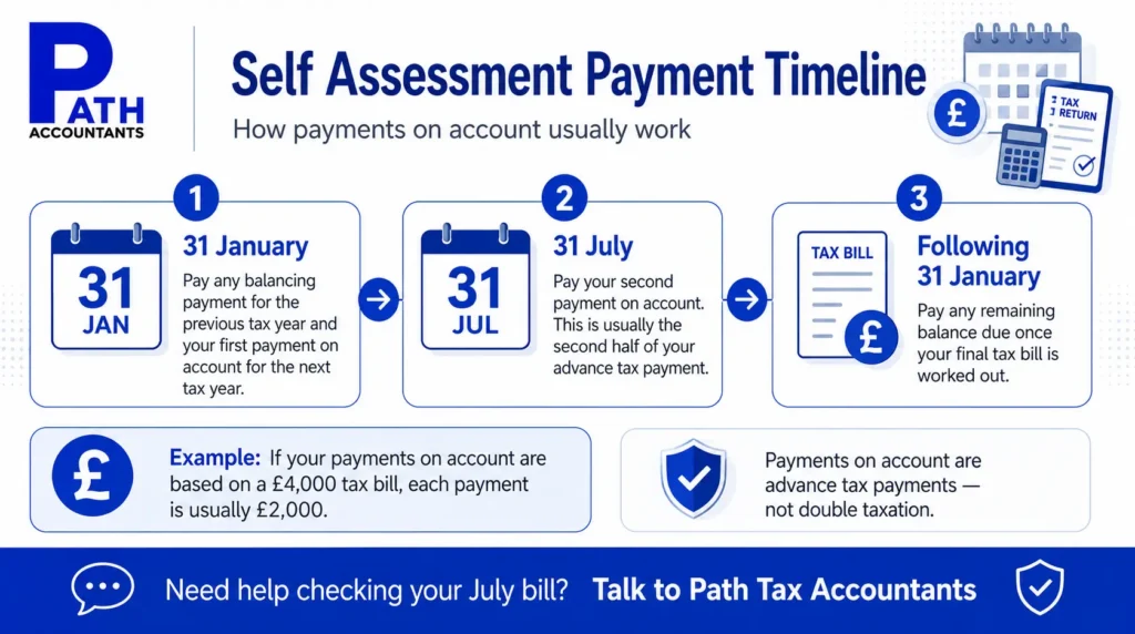Self Assessment payment timeline showing the 31 January and 31 July HMRC payment deadlines