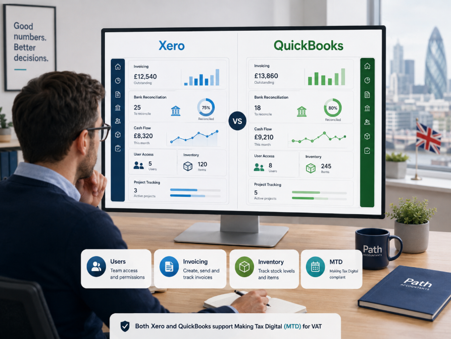 Small business owner comparing Xero and QuickBooks accounting features including invoicing, inventory and MTD